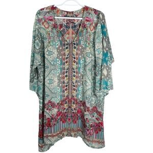 Johnny Was Sheer Floral Boho Tunic Top Rayon Lightweight Flowy Large